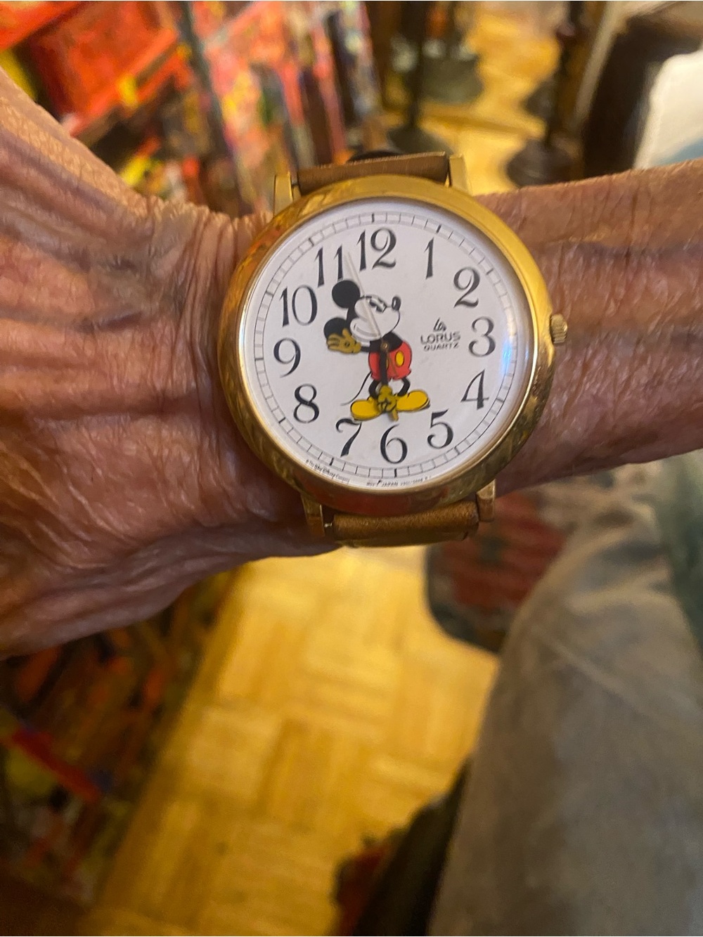Lorus Mickey Mouse Gold-Tone Quartz Watch with Brown Leather Strap. New battery